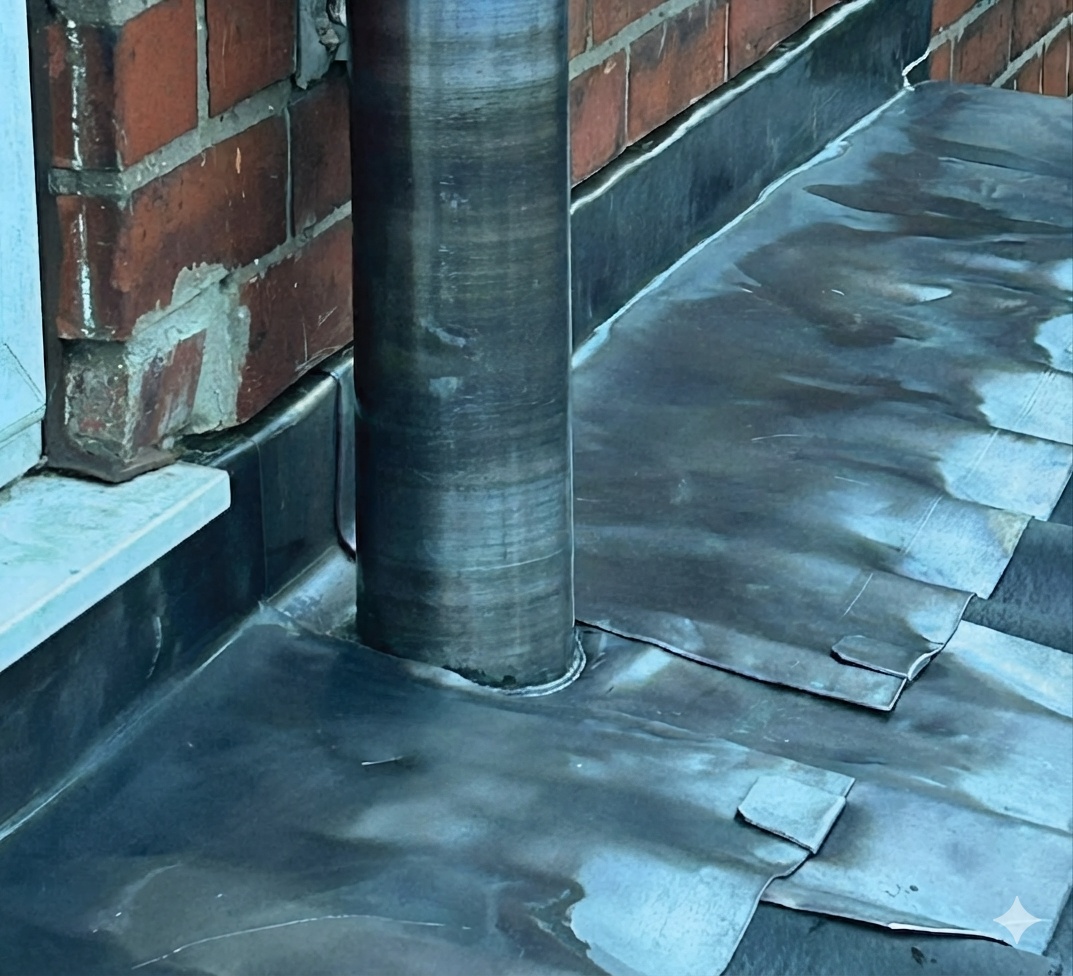 Lead pipe flashing weatherproofed into roof membrane